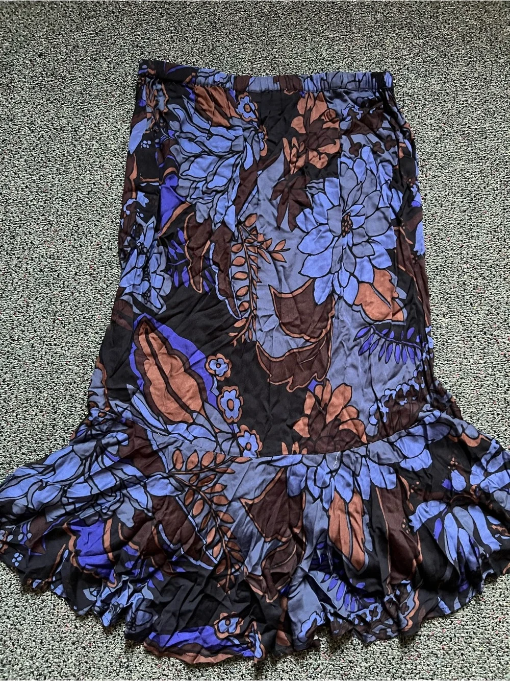 Blue Brown Floral Leaf Boho Modest High-Waist Midi Mermaid Tail Flare Skirt Sz L